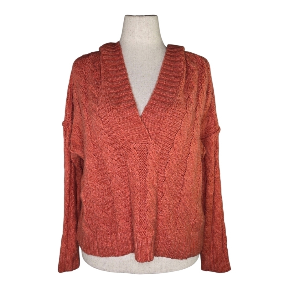 American Eagle Rust Cable Knit Hooded V-Neck Sweater Women’s Small